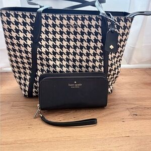 Kate Spade Large Cara Tote in houndstooth print & black wallet